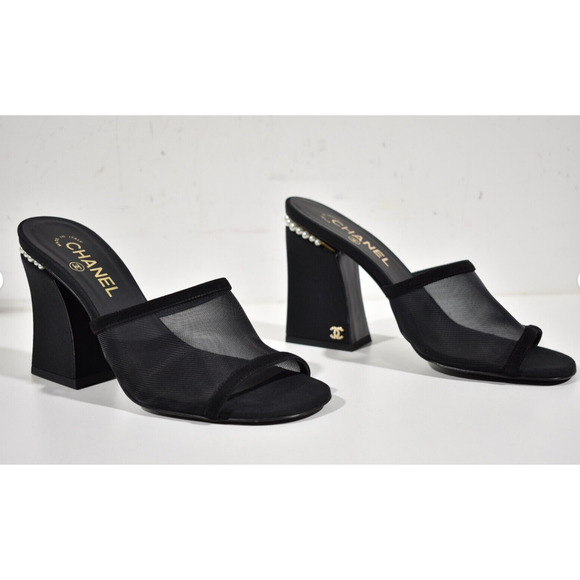 Chanel 22A Black Mesh Pearl CC Logo Block Heel Backless Mule Sandal Pump 41 - Picture 4 of 11